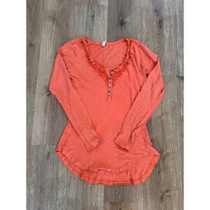 We The Free Crochet Lace Trim Henley Top Women S Orange Slub Long Sleeve Boho
